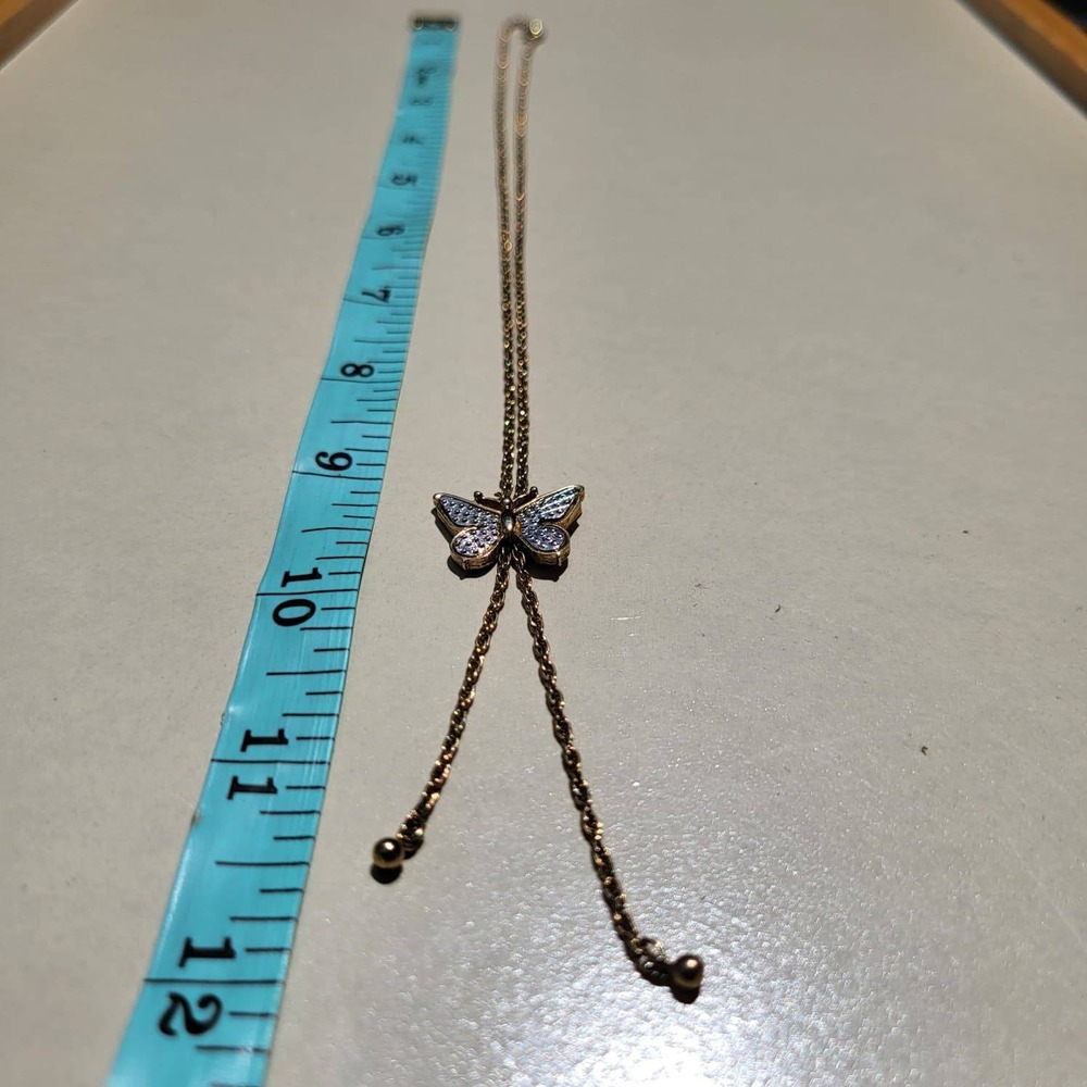 Vintage Avon Gold Tone Butterfly Lariat Necklace Blue White Adjustable Slide - Picture 3 of 10